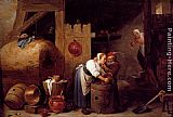 An Interior Scene With A Young Woman Scrubbing Pots While An Old Man Makes Advances by David the Younger Teniers